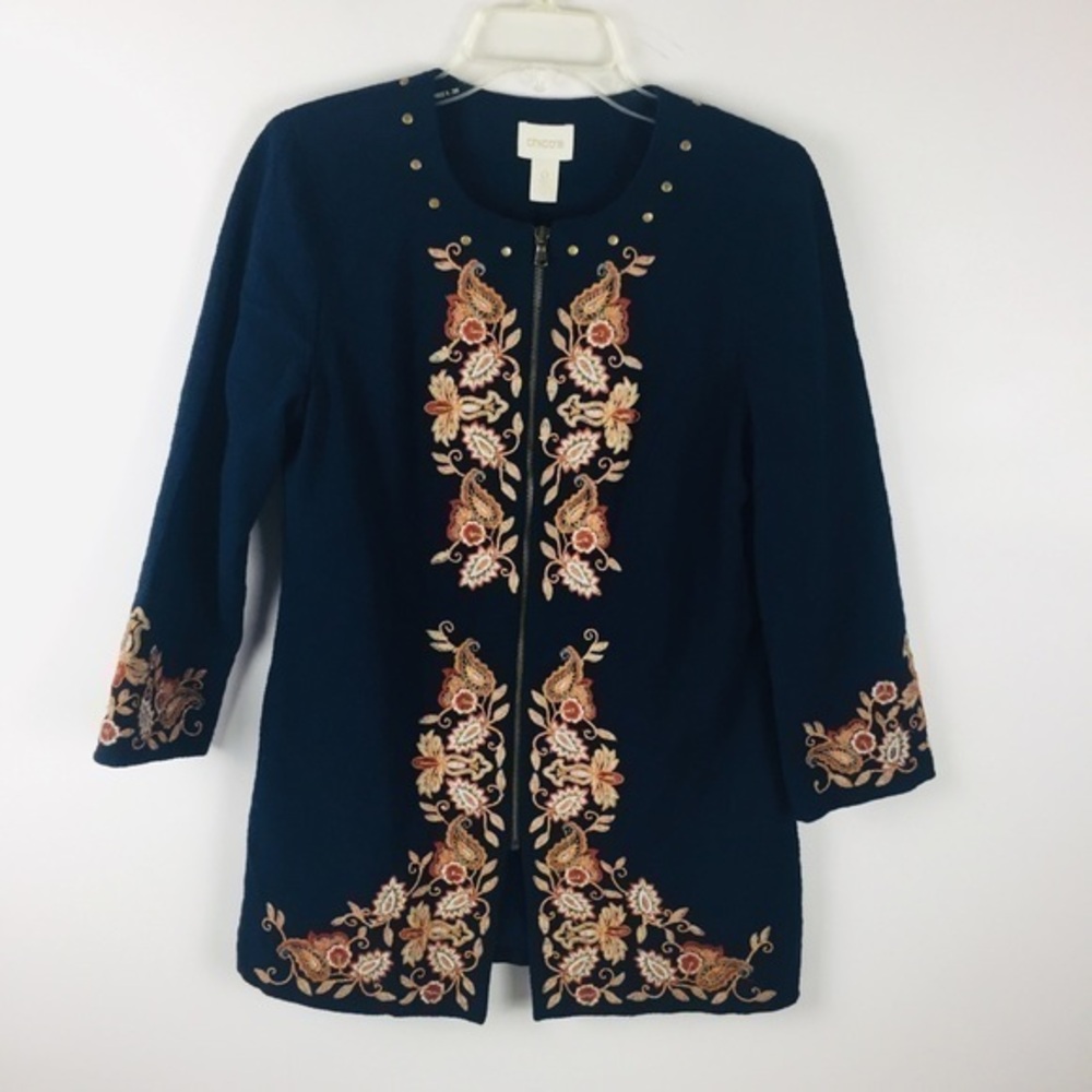 Chico's Navy Blue Embroidered Zip-Front Jacket